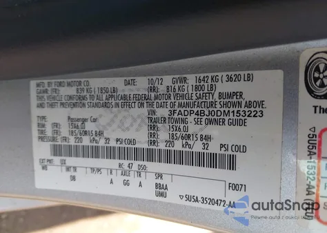 2013 Ford Fiesta Se z USA, uszkodzony, nr VIN 3FADP4BJ0DM153223